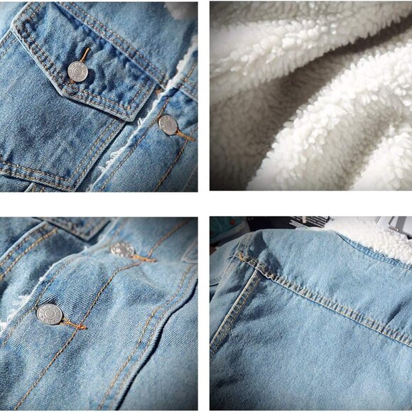 Men's Lapel Sherpa Fleece Lined Denim Trucker Jacket, Large - Warmth Meets Style - Picture 7 of 7